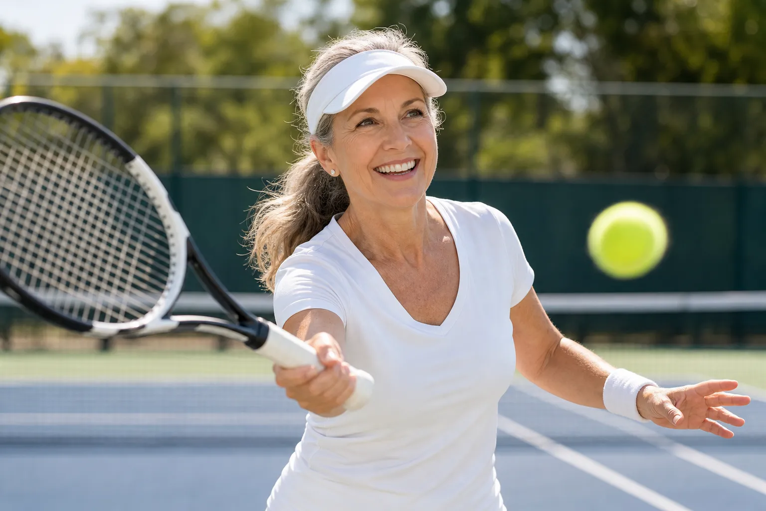 Woman playing tennis after recovery, illustrating return to an active lifestyle following repair of the mitral valve.